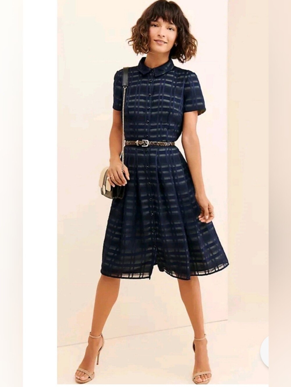 Gal Meets Glam Mackenzie Windowpane Midi Shirt-dress Navy Sage Size 14